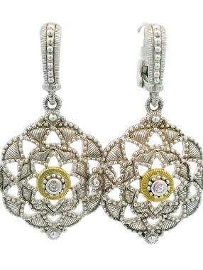 Judith Ripka Sterling Silver 18k Gold Diamond Open Work Dangle Drop Earring